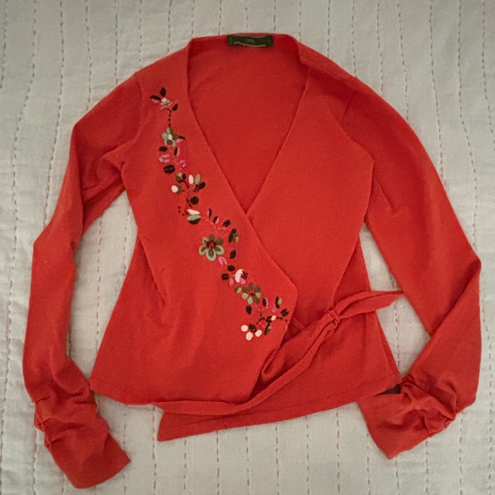 Oilily Coral Wrap V-Neck Sweater with Floral Embroidery